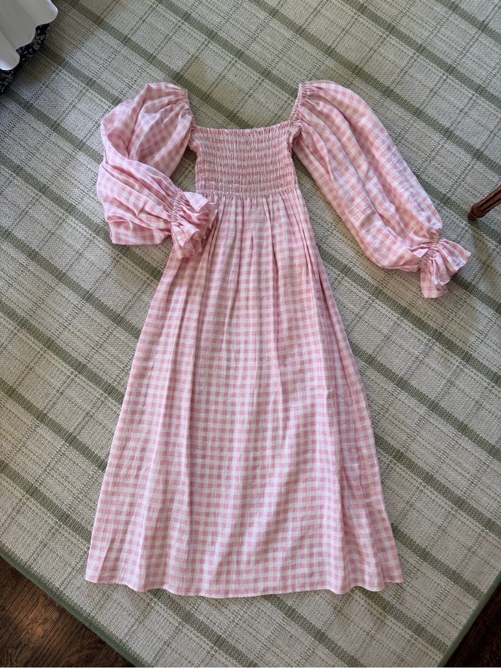 Sleeper Atlanta dress - Pink Gingham Smocked Midi Dress with Puff Sleeves
